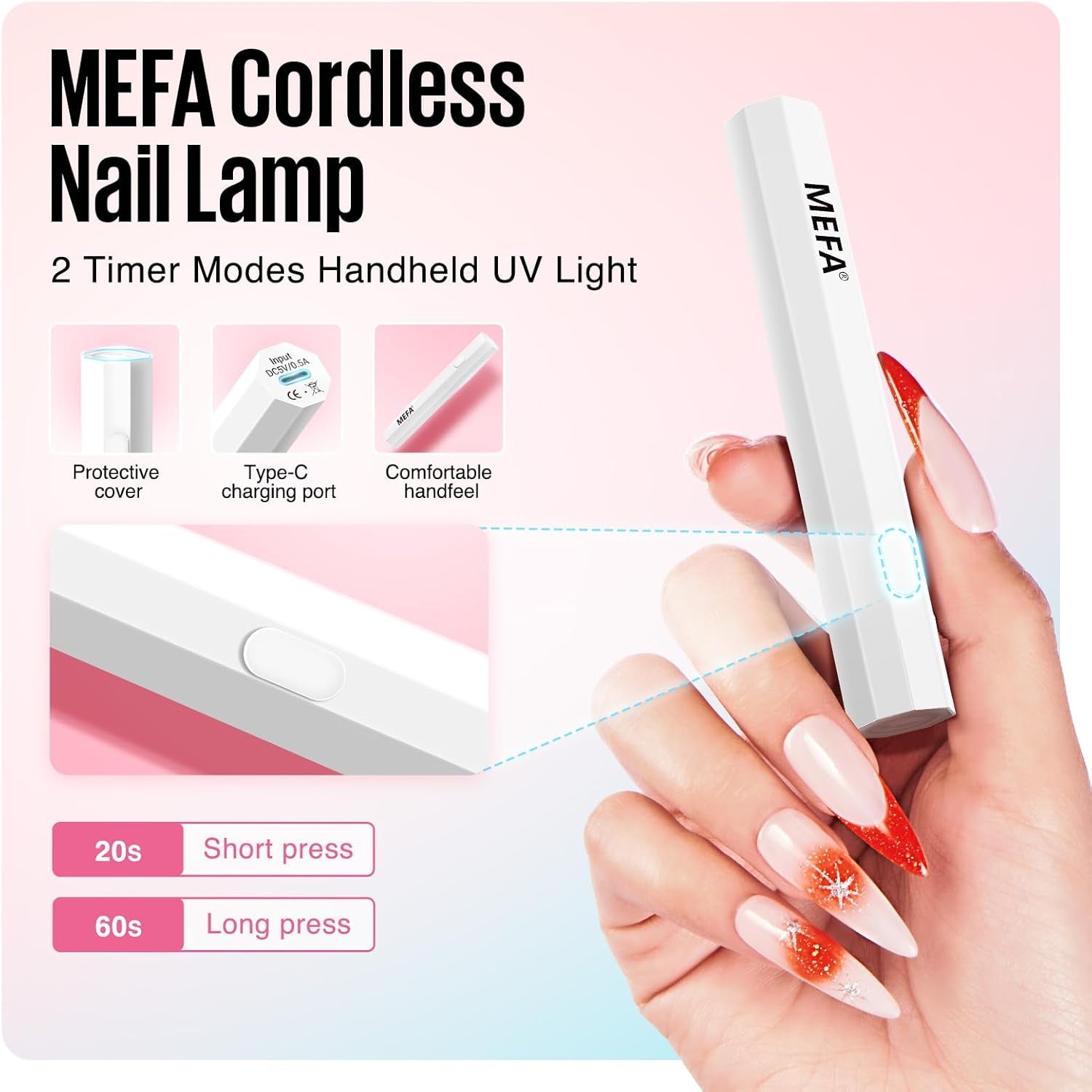 MEFA Lampe Uv Ongles Gel, 3W Lampe Uv Ongles Gel Pose Americaine Avec 2 Minuteries, USB Rechargeable, Lampe Uv Sèche Ongles Pour Vernis Semi Permanent, Polygel Durcissement Rapide Pour Femme Nail Art