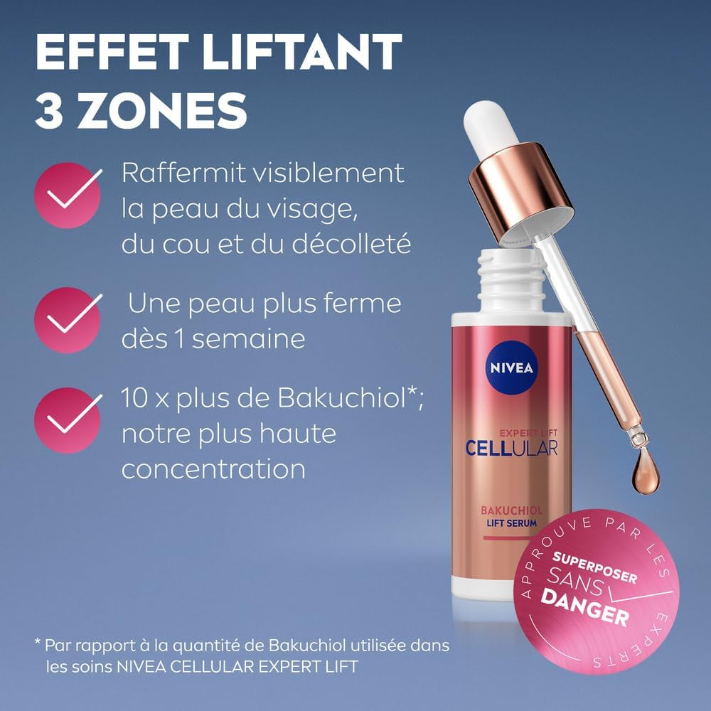 Cellular Expert Lift Sérum Visage Effet Liftant 3 Zones (1 X 30 Ml), Soin Visage Anti-Rides Concentré En Bakuchiol, Sérum Anti-Âge Pour Visage, Cou & Décolleté