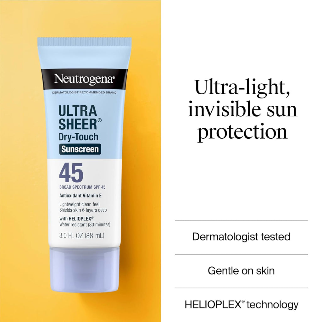 Ultra Sheer Dry-Touch Sunscreen for Face & Body, SPF 45 Broad Spectrum UVA/UVB Protection, Lightweight Water Resistant & Non-Greasy, Travel Size Sunscreen, 3 Fl. Oz 2 Pack